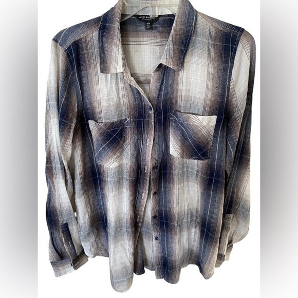 Lucky Brand Tops - Lucky Brand Blue and Brown Button Down Shirt, lightweight cotton blend , size M